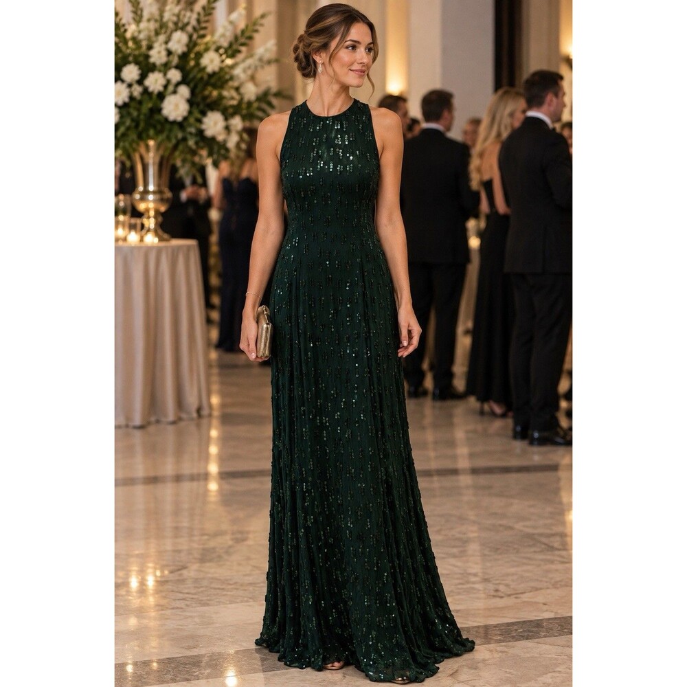 Sean Collection Emerald Green Sequined Silk Formal Gown Dress Glam XL Runs Small